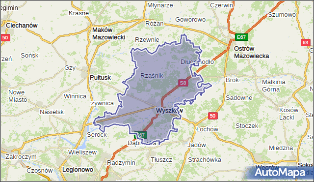 powiat wyszkowski - województwo mazowieckie na mapie Targeo
