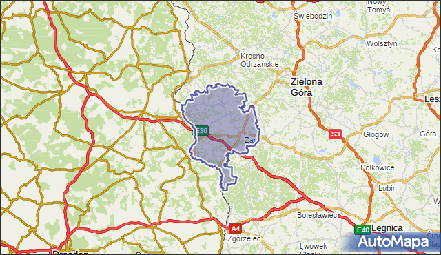 powiat żarski - województwo lubuskie na mapie Targeo