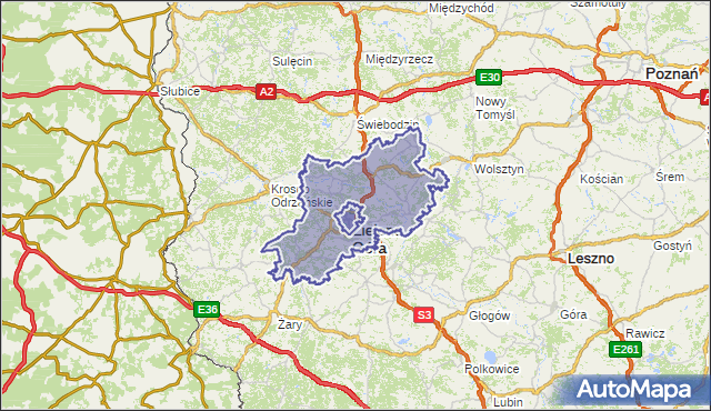 powiat zielonogórski - województwo lubuskie na mapie Targeo