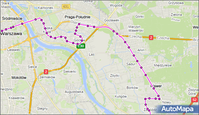 Mapa Polski Targeo, Autobus N22 - trasa DW.CENTRALNY - FALENICA. ZTM Warszawa na mapie Targeo
