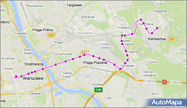 Mapa Polski Targeo, Autobus N24 - trasa REMBERTÓW-AON - DW.CENTRALNY. ZTM Warszawa na mapie Targeo