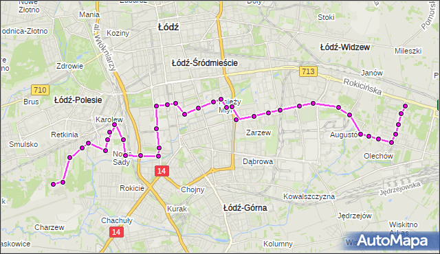Mapa Polski Targeo, Autobus 55 - trasa Janów - Lotnisko Terminal Pasażerski. MPKLodz na mapie Targeo