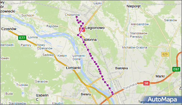 Mapa Polski Targeo, Autobus 723 - trasa ŻERAŃ FSO - PKP LEGIONOWO-PRZYSTANEK LG. ZTM Warszawa na mapie Targeo