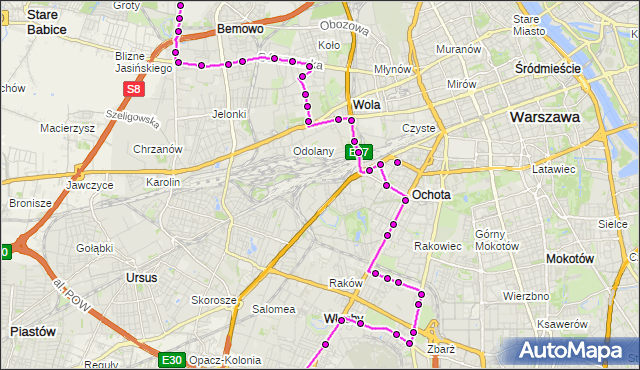 Mapa Polski Targeo, Autobus 154 - trasa STARE BEMOWO - OKĘCIE. ZTM Warszawa na mapie Targeo