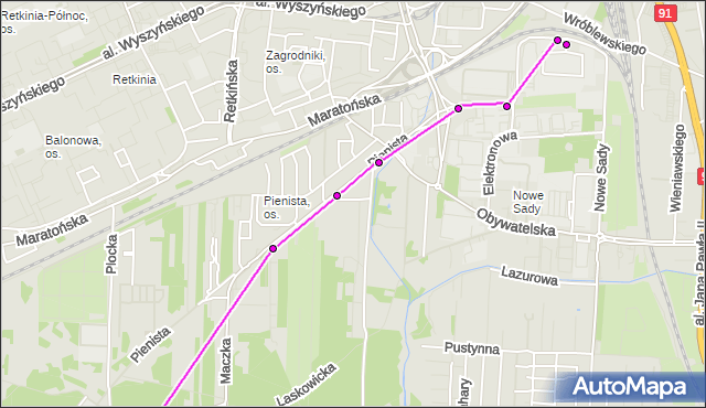 Mapa Polski Targeo, Autobus 55 - trasa - zajezdnia NOWE SADY. MPKLodz na mapie Targeo