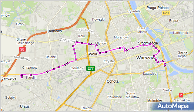 Mapa Polski Targeo, Autobus 155 - trasa KAROLIN - TORWAR. ZTM Warszawa na mapie Targeo