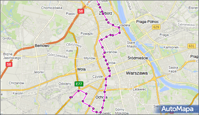 Mapa Polski Targeo, Autobus 157 - trasa GWIAŹDZISTA - CH REDUTA. ZTM Warszawa na mapie Targeo