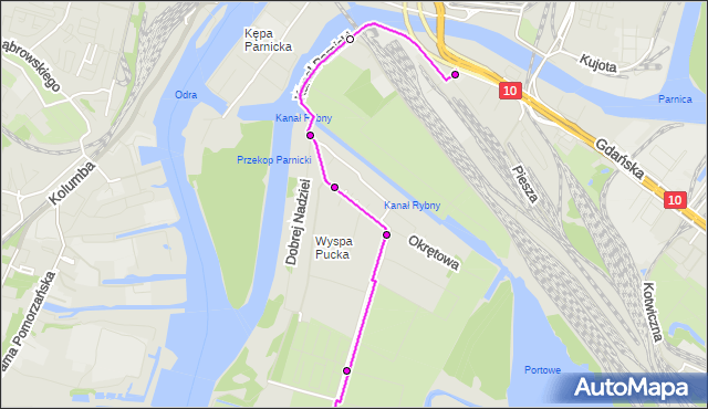 Mapa Polski Targeo, Autobus 52 - trasa Wyspa Pucka - Port Centralny. ZDiTM Szczecin na mapie Targeo