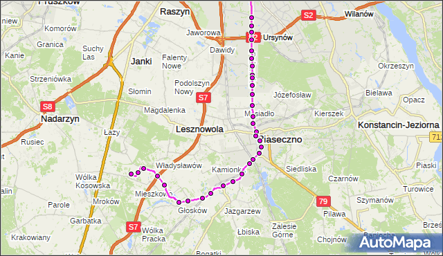 Mapa Polski Targeo, Autobus 727 - trasa METRO WILANOWSKA - CM.POŁUDNIOWY-BRAMA PŁD. AN. ZTM Warszawa na mapie Targeo