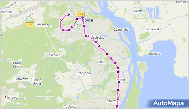 Mapa Polski Targeo, Autobus 102 - trasa Gocław - Police Zajezdnia. ZDiTM Szczecin na mapie Targeo