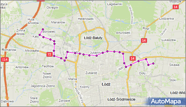 Mapa Polski Targeo, Autobus 81 - trasa Szczecińska (cmentarz) - Stokowska. MPKLodz na mapie Targeo
