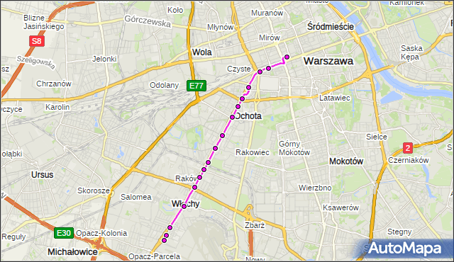 Mapa Polski Targeo, Autobus N38 - trasa OKĘCIE - DW.CENTRALNY. ZTM Warszawa na mapie Targeo