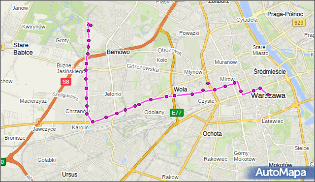 Mapa Polski Targeo, Autobus 105 - trasa STARE BEMOWO - PL.TRZECH KRZYŻY. ZTM Warszawa na mapie Targeo