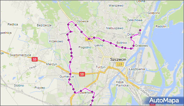 Mapa Polski Targeo, Autobus 53 - trasa Pomorzany Dobrzyńska - Ludowa. ZDiTM Szczecin na mapie Targeo