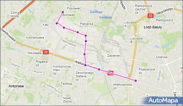 Mapa Polski Targeo, Autobus 81 - trasa Szczecińska (cmentarz) - zajezdnia LIMANOWSKIEGO. MPKLodz na mapie Targeo