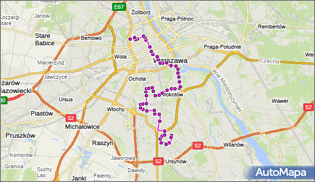 Mapa Polski Targeo, Autobus 107 - trasa URSYNÓW PŁN. - ESPERANTO. ZTM Warszawa na mapie Targeo