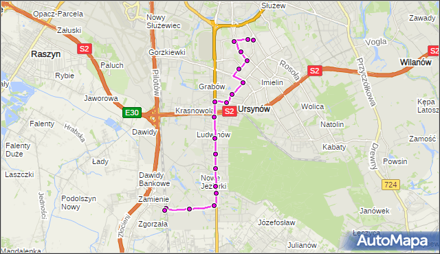 Mapa Polski Targeo, Autobus 209 - trasa URSYNÓW PŁN. - PKP JEZIORKI. ZTM Warszawa na mapie Targeo