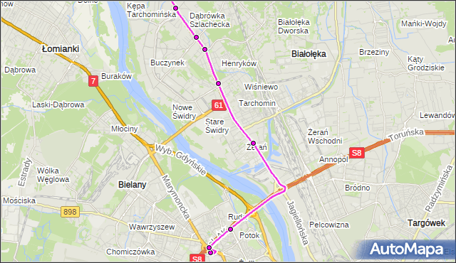 Mapa Polski Targeo, Autobus 511 - trasa METRO MARYMONT - DĄBRÓWKA WIŚLANA. ZTM Warszawa na mapie Targeo