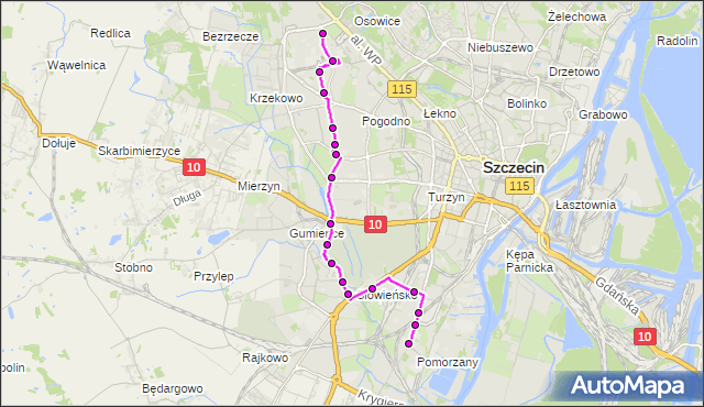 Mapa Polski Targeo, Autobus 53 - trasa Pomorzany Dobrzyńska - Zawadzkiego. ZDiTM Szczecin na mapie Targeo