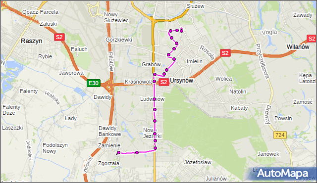 Mapa Polski Targeo, Autobus 209 - trasa PKP JEZIORKI - URSYNÓW PŁN.. ZTM Warszawa na mapie Targeo