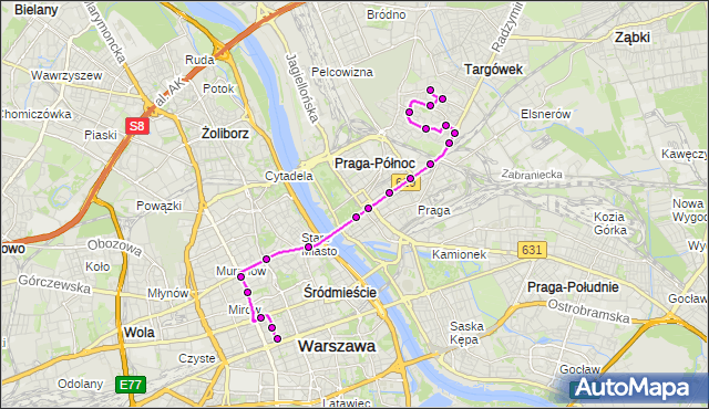 Mapa Polski Targeo, Autobus 160 - trasa TARGÓWEK - DW.CENTRALNY. ZTM Warszawa na mapie Targeo