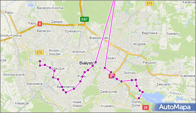 Mapa Polski Targeo, Autobus 17 - trasa - PLAŻOWA/PĘTLA(319)(nr inw. 319). BKM na mapie Targeo