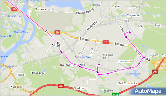 Mapa Polski Targeo, Autobus 54 - trasa Basen Górniczy - Zakłady Mięsne. ZDiTM Szczecin na mapie Targeo