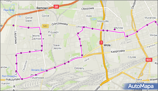Mapa Polski Targeo, Autobus N42 - trasa OS.GÓRCZEWSKA - DW.CENTRALNY. ZTM Warszawa na mapie Targeo
