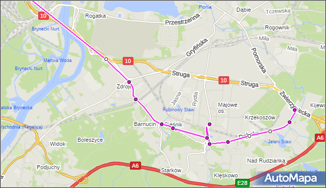 Mapa Polski Targeo, Autobus 54 - trasa Basen Górniczy - Kijewo. ZDiTM Szczecin na mapie Targeo