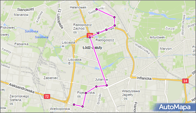 Mapa Polski Targeo, Autobus 59 - trasa Świtezianki - zajezdnia LIMANOWSKIEGO. MPKLodz na mapie Targeo