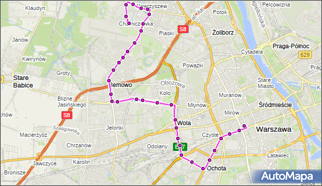 Mapa Polski Targeo, Autobus N43 - trasa DW.CENTRALNY - CHOMICZÓWKA. ZTM Warszawa na mapie Targeo
