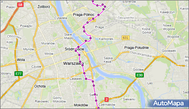 Mapa Polski Targeo, Autobus 162 - trasa TARGÓWEK - EC SIEKIERKI. ZTM Warszawa na mapie Targeo