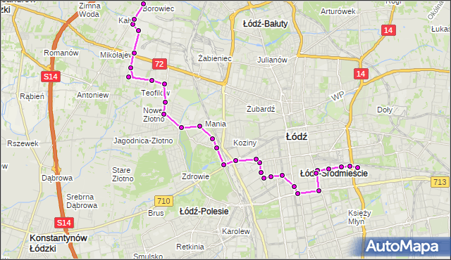 Mapa Polski Targeo, Autobus 83 - trasa Wydawnicza - Szczecińska (cmentarz). MPKLodz na mapie Targeo