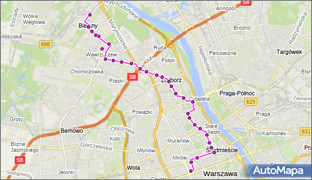 Mapa Polski Targeo, Autobus N44 - trasa DW.CENTRALNY - ZAJEZDNIA ŻOLIBORZ. ZTM Warszawa na mapie Targeo