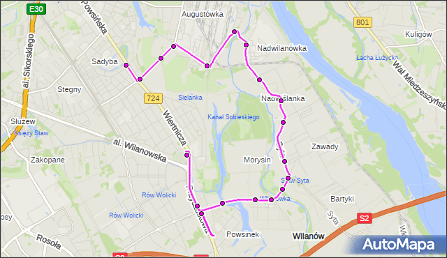 Mapa Polski Targeo, Autobus 163 - trasa SADYBA - WILANÓW. ZTM Warszawa na mapie Targeo