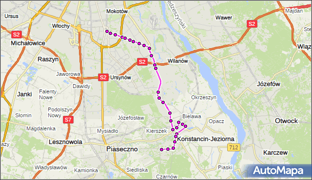 Mapa Polski Targeo, Autobus N50 - trasa METRO WILANOWSKA - SKOLIMÓW KJ. ZTM Warszawa na mapie Targeo