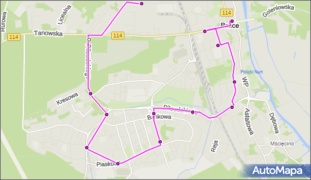 Mapa Polski Targeo, Autobus 111 - trasa Police Zajezdnia - Police Rynek. ZDiTM Szczecin na mapie Targeo