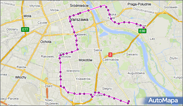 Mapa Polski Targeo, Autobus 117 - trasa WILANÓW - GOCŁAW. ZTM Warszawa na mapie Targeo