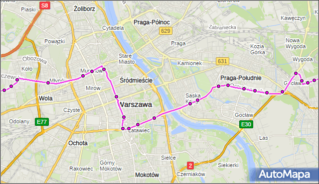 Mapa Polski Targeo, Autobus 520 - trasa MARYSIN - ZNANA. ZTM Warszawa na mapie Targeo