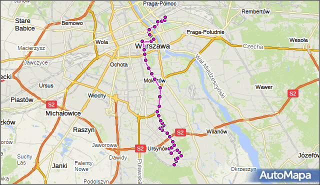 Mapa Polski Targeo, Autobus 166 - trasa KABATY-STP - DW.WSCHODNI (LUBELSKA). ZTM Warszawa na mapie Targeo