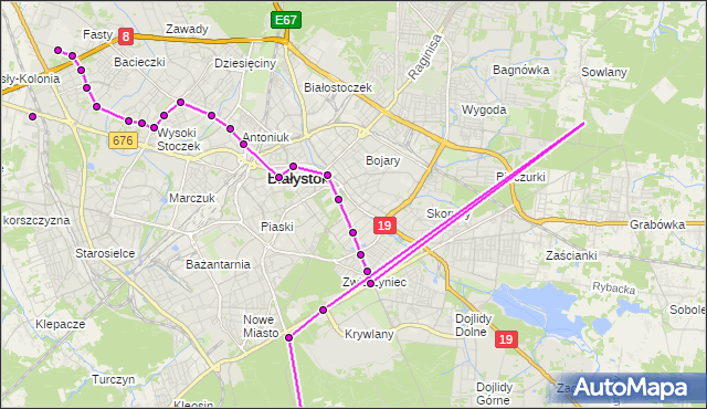 Mapa Polski Targeo, Autobus 7 - trasa ZPB - OLMONTY(802)(nr inw. 802). BKM na mapie Targeo