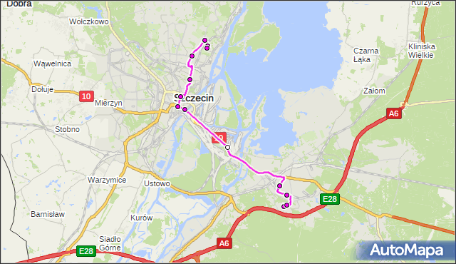 Mapa Polski Targeo, Autobus A - trasa Osiedle Bukowe - Studzienna. ZDiTM Szczecin na mapie Targeo