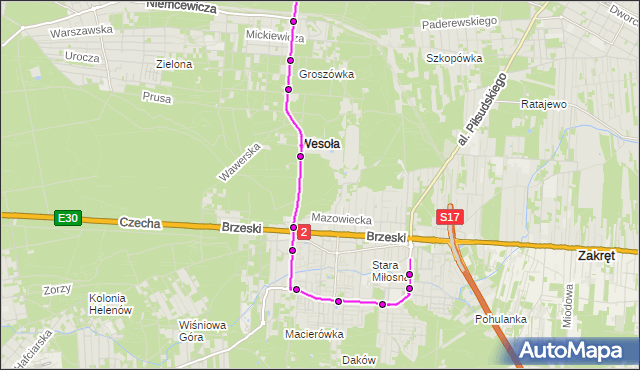 Mapa Polski Targeo, Autobus 198 - trasa PKP WESOŁA - STARA MIŁOSNA. ZTM Warszawa na mapie Targeo