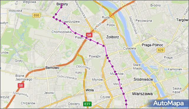 Mapa Polski Targeo, Tramwaj 33 - trasa METRO MŁOCINY - KIELECKA. ZTM Warszawa na mapie Targeo