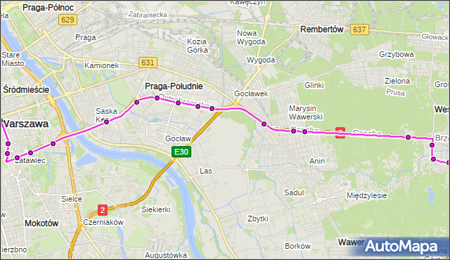 Mapa Polski Targeo, Autobus 502 - trasa DW.CENTRALNY - STARA MIŁOSNA. ZTM Warszawa na mapie Targeo