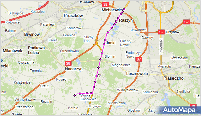 Mapa Polski Targeo, Autobus 721 - trasa OKĘCIE - KOSÓW KX. ZTM Warszawa na mapie Targeo