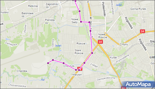 Mapa Polski Targeo, Autobus 62 - trasa DUBOIS - zajezdnia NOWE SADY. MPKLodz na mapie Targeo