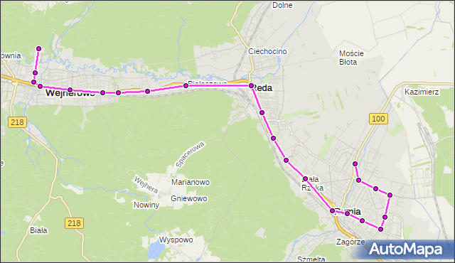 Mapa Polski Targeo, Autobus J - trasa Słowackiego - Wejherowo Szpital. ZKMGdynia na mapie Targeo
