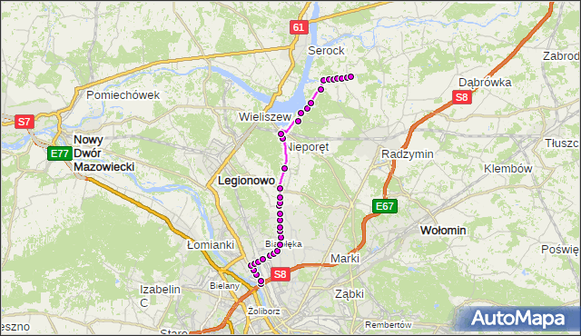 Mapa Polski Targeo, Autobus 734 - trasa ŻERAŃ FSO - NOWE ZAŁUBICE ZN. ZTM Warszawa na mapie Targeo