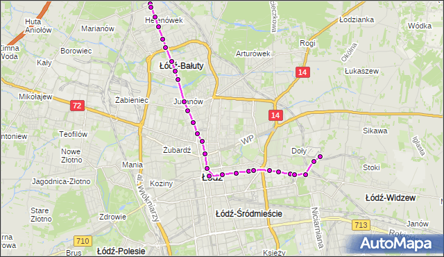 Mapa Polski Targeo, Tramwaj 11 - trasa - ET-1. MPKLodz na mapie Targeo